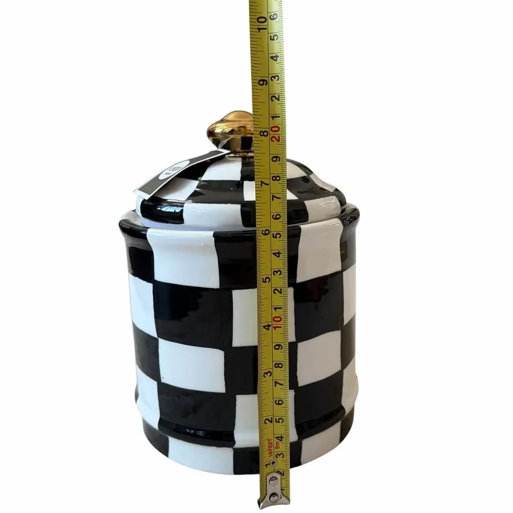 Almeria Checkered Ceramic Canister w/ Lid Black & White 8.5x6 NEW
